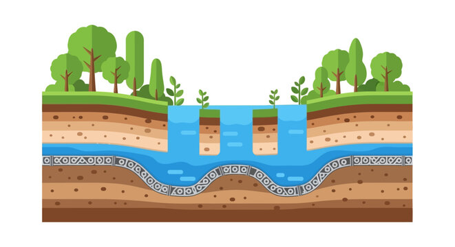 Underground Water Management System: Soil Layers Cross-Section with Impermeable Barrier & Groundwater Protection Illustration
