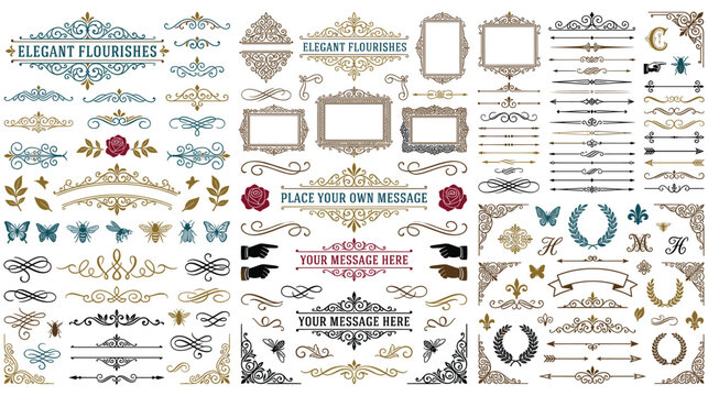 Set of vintage elegant flourishes and frames, ornamental borders