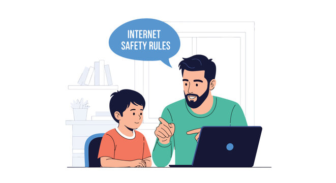 Modern vector illustration of father explaining internet safety rules to child using laptop. Digital awareness and responsible technology use parenting concept
