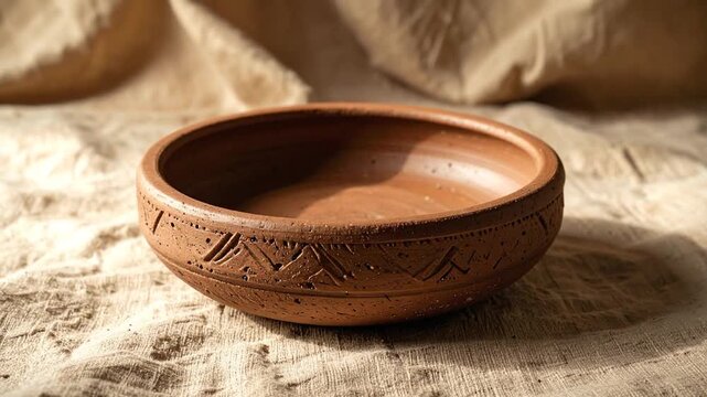 A handcrafted terracotta bowl with intricate patterns, set against a neutral background.