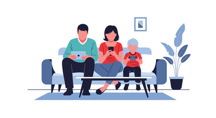 Modern vector illustration of family sitting together but each using separate devices. Digital isolation and communication breakdown concept in modern parenting lifestyle
