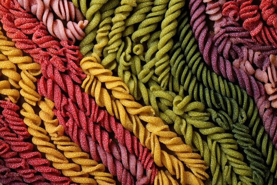 Vibrant, spiral-shaped, multi-colored dried pasta in diagonal rows