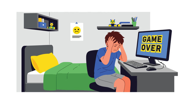 Modern vector illustration of child frustrated after losing online game. Emotional impact of gaming addiction and screen dependency concept for youth mental wellbeing