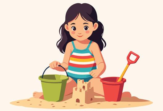 bambina sulla sabbia mentre costruisce un castello e gioca in riva al mare estate in costume da bagno vettoriale 