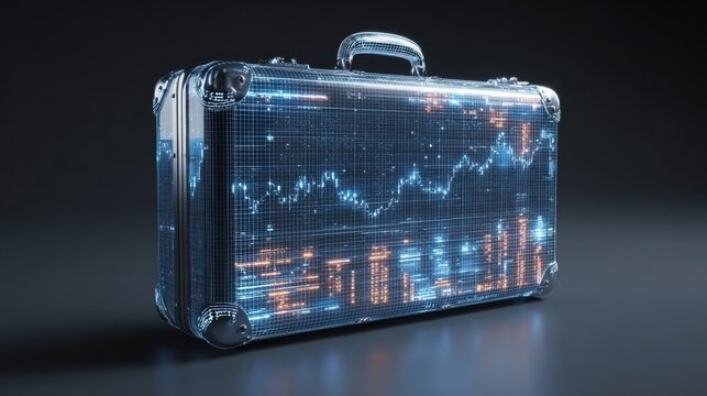 Futuristic digital briefcase with financial data