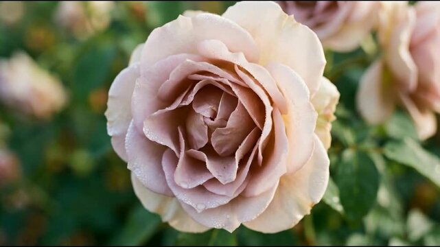 A captivating close-up captures the delicate beauty of a blooming rose, its velvety petals unfurling in a soft blush hue, offering a serene glimpse into nature's artistry.