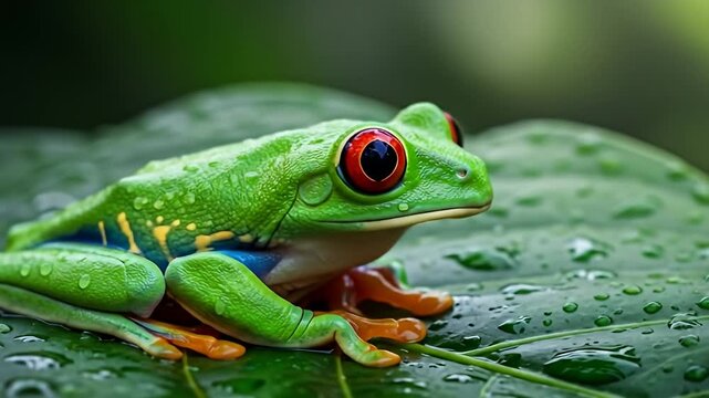Red-Eyed Tree Frog on Wet Leaf in Rainforest.