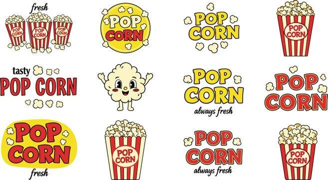 Large collection of vintage retro popcorn stickers and mascot characters in hand drawn cartoon style for cinema snacks and movie theater branding