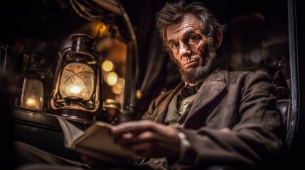 Obraz premium Thoughtful elderly man with beard in vintage clothing reading book by lantern light in dimly lit interior scene