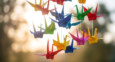 Colorful origami cranes hanging against blurred background for decoration
