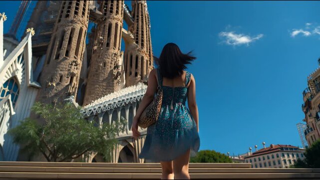 Young female tourist walking towards the sagrada familia on a sunny day in barcelona, spain