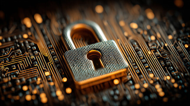 Padlock on a circuit board representing data protection cybersecurity and secure network access concept.
