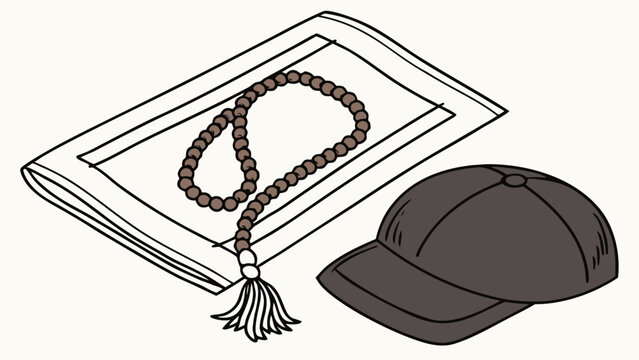 Islamic Prayer Beads and Cap in Simple Line Art with Monochromatic Color on White Background for Religious Symbolism