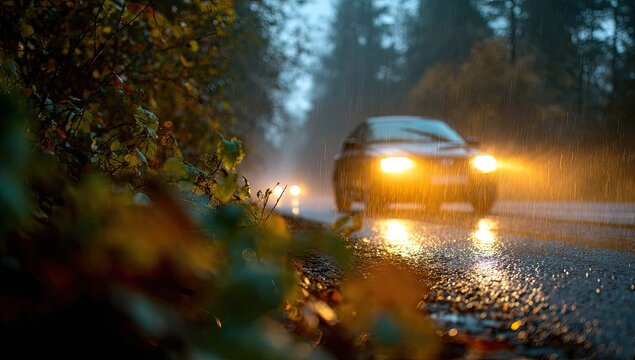 Wet road at dusk with oncoming car headlights illuminating mist