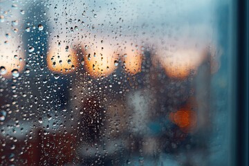 Obraz premium Raindrops on windowpane distorting blurred city lights at dusk