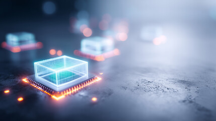 Fototapeta premium Glowing data cube on a microchip representing edge computing and secure digital infrastructure. 