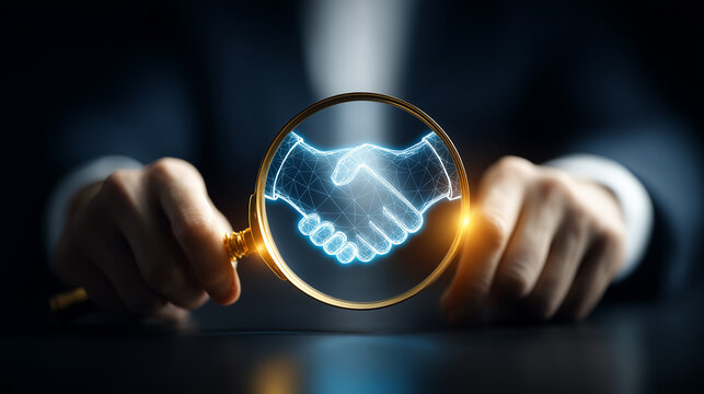 Business hands holding a magnifying glass with a digital handshake symbolizing partnership due diligence, trust building, and deal verification.

