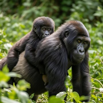 Gorilla carries baby.