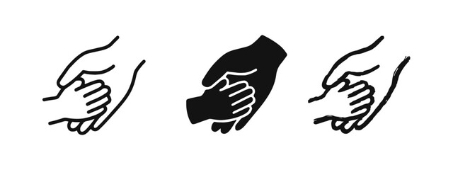 Obraz premium Adult Hand Holding Child's Hand Icon Set in Outline, Solid, and Sketchy Styles