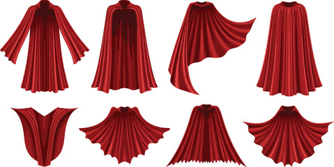 Large collection of red silk capes and flowing royal cloaks in various dramatic poses for superhero fantasy and theatrical costume design © MdGohurul