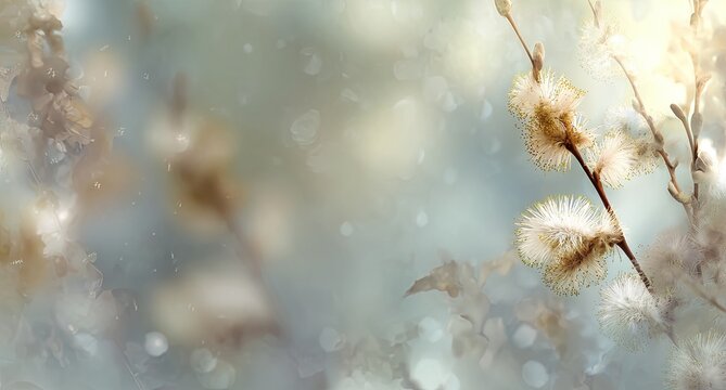 Soft focus branches with fluffy buds in warm, diffused light