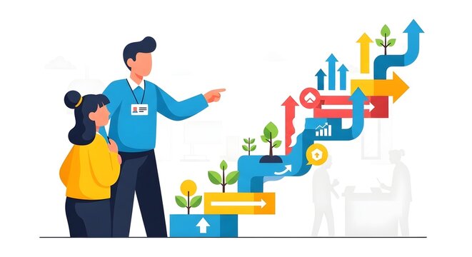 Business Growth and Development Concept with People and Upward Arrows.