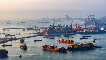 Fototapeta premium Busy Container Port Scene with Ships and Cranes at Sunset