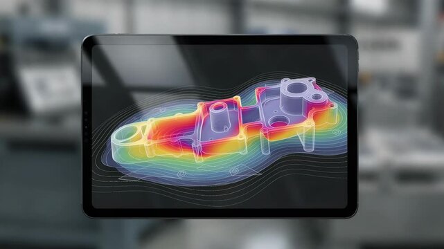 Medium shot featuring a tablet screen displaying casting defect predictions via digital twin software the environment behind out of focus to stress precision monitoring.