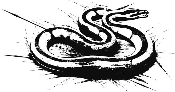 Coiled snake side view illustration with detailed scales and textured skin in black and white