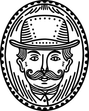 Vintage gentleman portrait in oval frame with hat and mustache, retro man face illustration