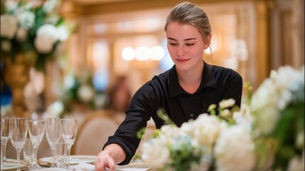 Wedding coordinator directing catering staff placement of centerpieces on tables in a grand ballroom, perfect for wedding event management, venue coordination, wedding industry, modern celebration