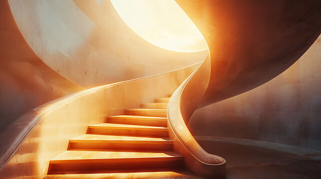 A spiral staircase rising into a bright light, symbolizing hope, progress, personal growth, and the journey toward enlightenment or new opportunities.