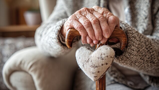Close up of elderly hands resting on a walking cane with a heart decoration.