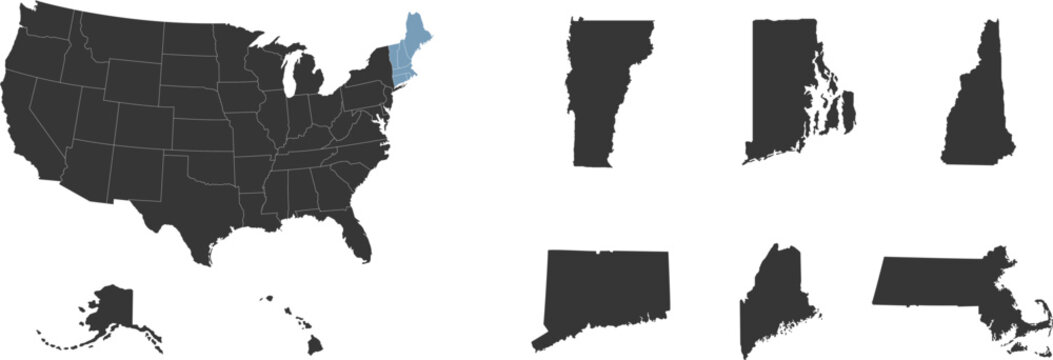 Northeast region. New England: Connecticut, Maine, Massachusetts, New Hampshire, Rhode Island, Vermont. States of America territory. Separate states. Vector