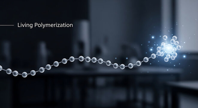 Polymer chain reaction illustration showing molecular structure and dynamic growth process in laboratory setting