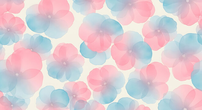 Pastel colored flowers in soft pink and blue tones on a light background creating a floral pattern