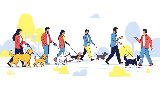 Diverse Group of People Walking Dogs in a Park Setting.