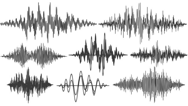 Vector illustration&nbsp;of set of nine different black and white sound waveforms or seismograph readings on a transparent background