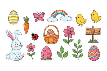Fototapeta premium Easter Spring Clipart Set. Cute Bunny, Rainbow, Chick, and Colorful Floral Garden Vector Icons