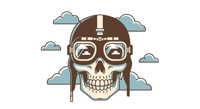 A vintage style illustration of a skull wearing aviator goggles and a pilot helmet surrounded by clouds in a stylized graphic image from a frontal viewpoint