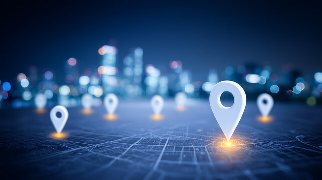 Map location pins over an urban grid symbolizing geolocation services, logistics tracking, and location based decision making.
