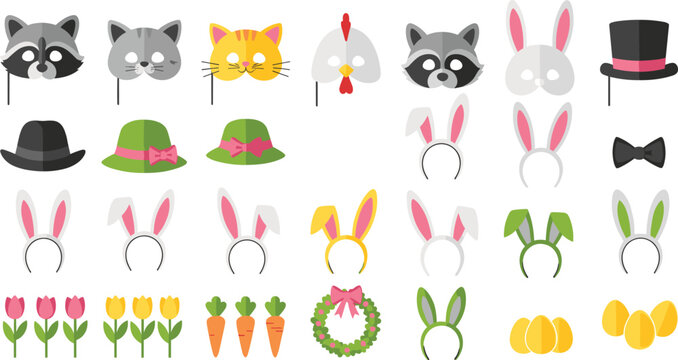 Easter bunny ears hats and spring elements vector illustration set