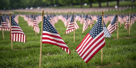 Field of American Flags in Park, Memorial Day Tribute and National Remembrance Concept