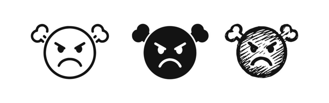Angry Emoji Face with Steam Icon Set in Outline, Solid, and Doodle Styles
