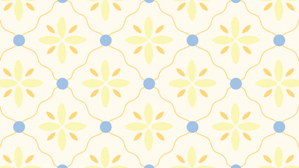 Fototapeta premium Soft Yellow With Blue Retro Floral Seamless Geometric Pattern
