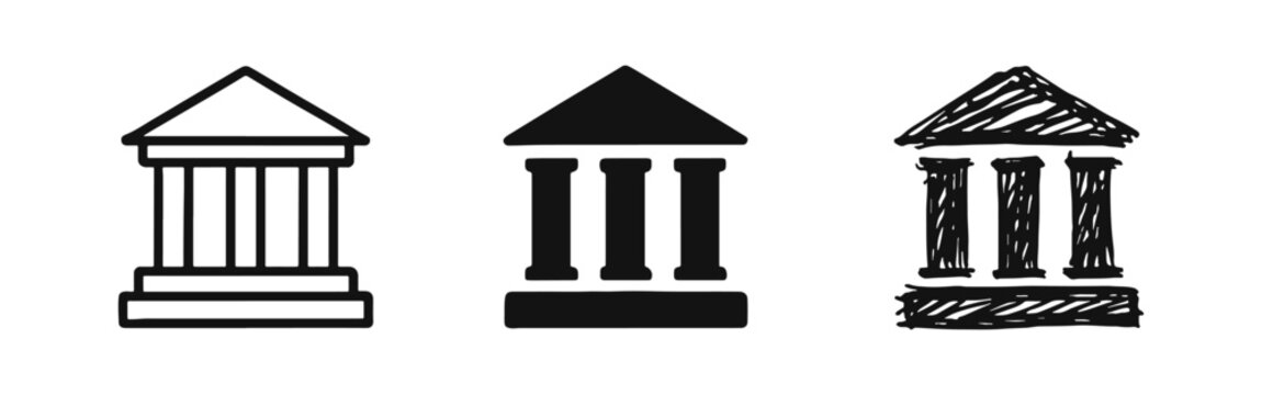 Classic building with columns icon set, Bank or government institution symbol, Historical architecture vector illustration.