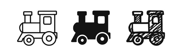 Toy train locomotive icon set, Kids play transport vehicle symbol, Children's railway engine vector illustration. © ICONS FOR YOU