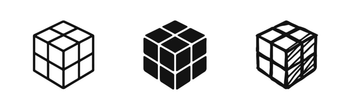 Cube puzzle or building blocks icon set, Geometric 3D shape symbol, Problem solving and strategy vector illustration.
