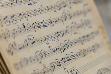 Close Up of Vintage Handwritten Sheet Music with Musical Notes on Aged Paper, Classical Composition Manuscript Background, Artistic Inspiration and Music Education Concept