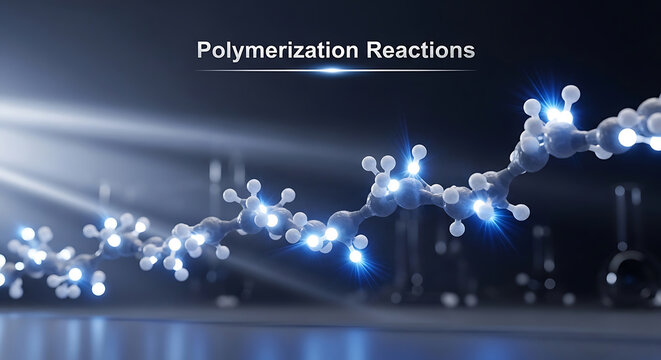 Molecular structure of polymer chain with glowing bonds and atoms on dark background